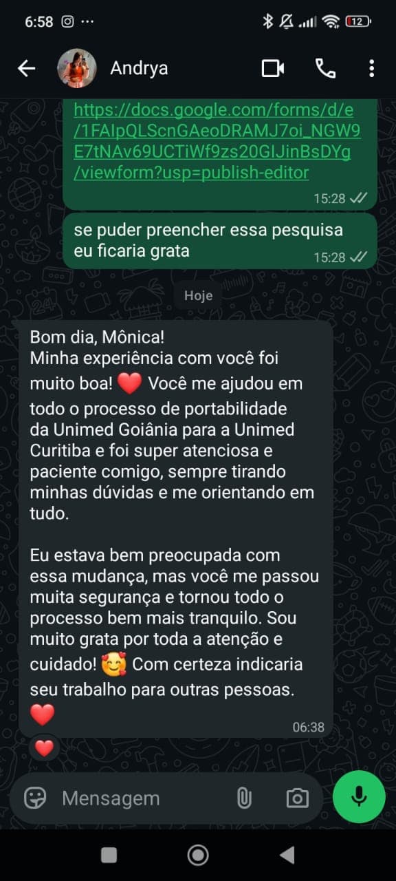 Print da mensagem de Andrya no WhatsApp